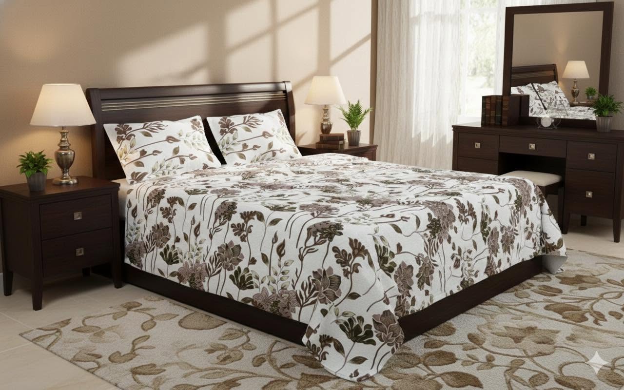 Brown & Cream Floral Bedcover